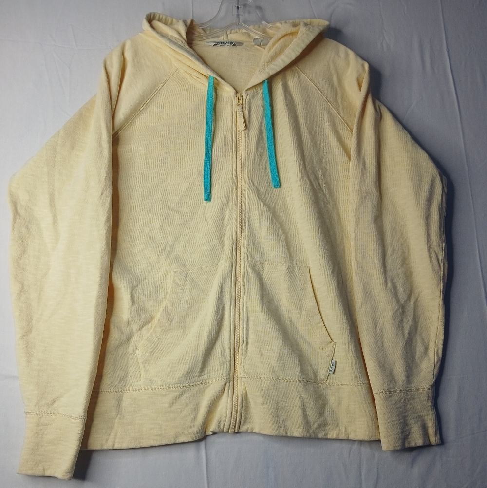 Orvis Cotton Pale Yellow Zip-Up Hoodie with Teal Drawstrings, sz. Lg.